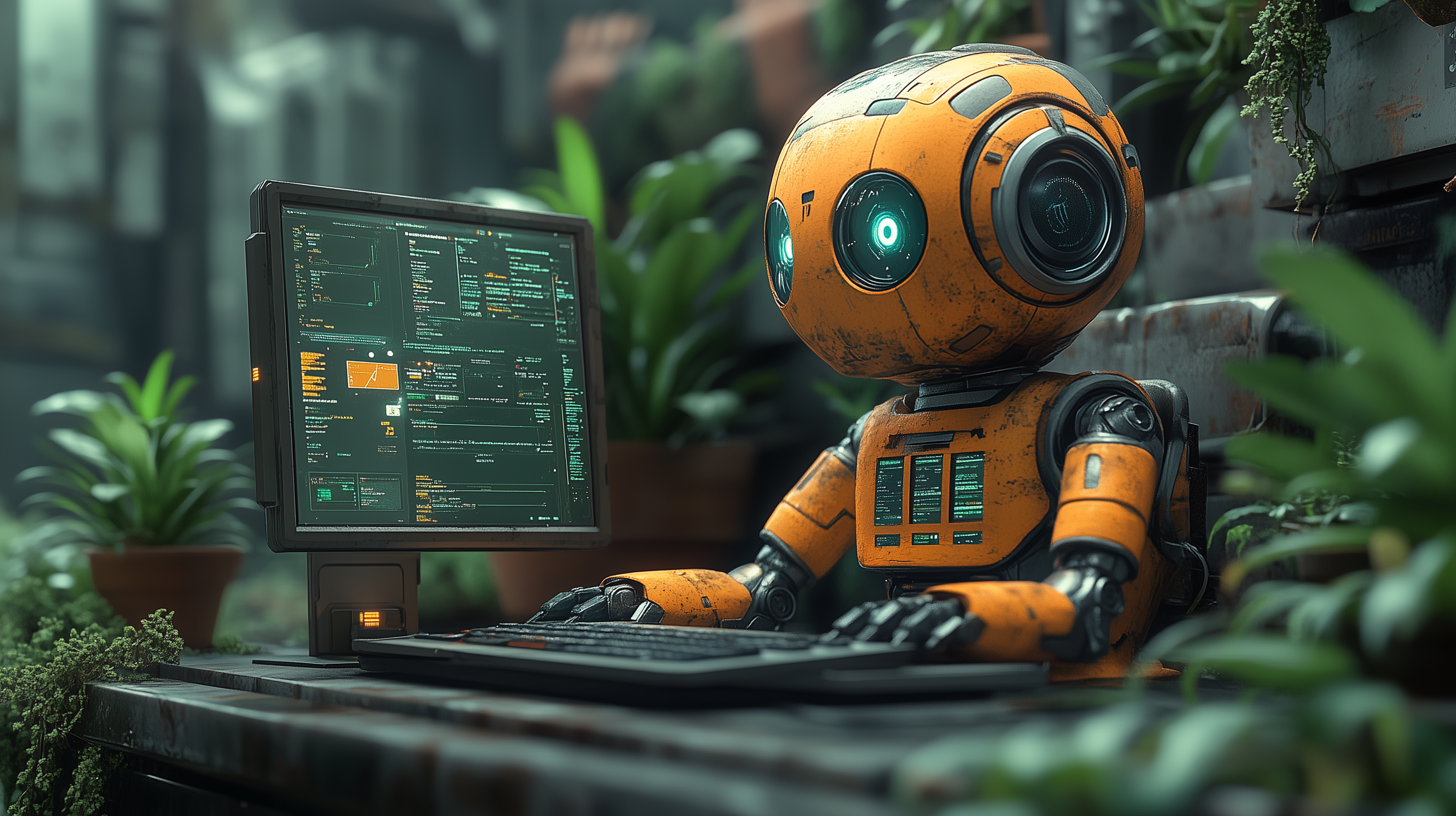 Conceptual image of a creative AI workspace: screens with text, video, voice, and code generated by artificial intelligence